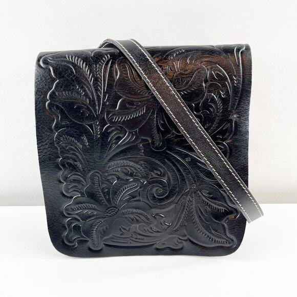 Patricia Nash Tooled Square Leather Crossbody Flap Bag Purse Black - Picture 1 of 8
